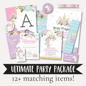 Floral Unicorn Kids Party Kids Party Complete Package Templates - Birthday Party Decoration Package, Birthday Party Kit Printable, Printable