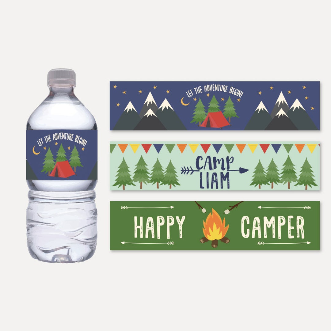 Camping Kids Party Bottle Label Template - Water Bottle Wraps, Party ...