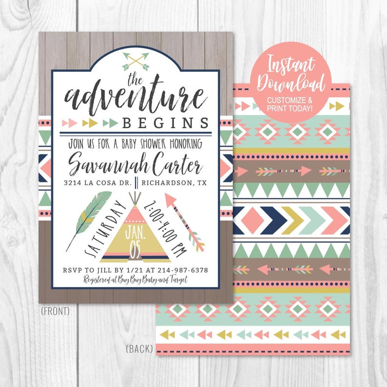 Aztec Adventure Girl Printable Baby Shower Invitation - Etsy