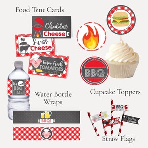 May include: A set of printable BBQ party decorations featuring red and white gingham patterns. The set includes food tent cards, water bottle wraps, cupcake toppers, and straw flags. The food tent cards feature images of cheese, tomatoes, and a pig. The water bottle wraps feature a pig, a pitcher of lemonade, and the text "BBQ!". The cupcake toppers feature a flame, a burger, and the text "BBQ". The straw flags feature a pig, a beer mug, and the text "BBQ Time!" and "Grillin' & Chillin'".