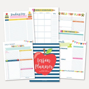 May include: A set of printable teacher planner pages with a red apple and blue and white stripes. The pages include a weekly lesson plan, a daily docket, a reading log, a field trip plan, and a monthly planner.
