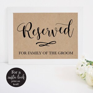 Printable Reserved Sign for Wedding, Rustic Ceremony Seating Table Card for the Bride and Groom's Family, DIY Editable PDF Instant Download image 2