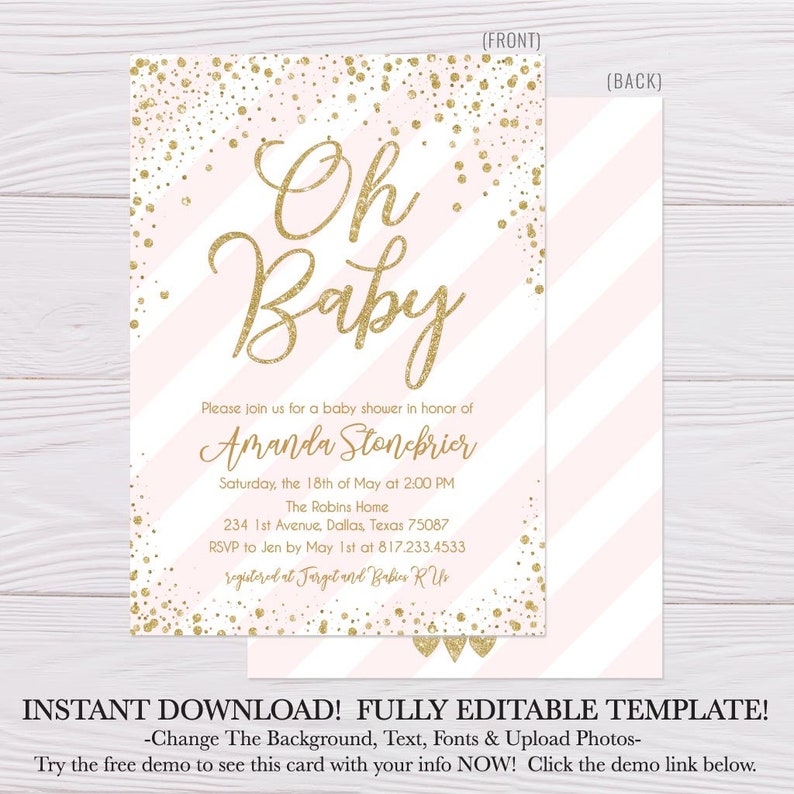 Printable Baby Shower Invitation Baby Shower Invitation Template Pink Vertical Stripes and Gold Baby Shower Invitation Digital Download