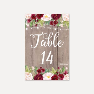 Mason Jar Rustic Burgundy Blush Wedding Table Numbers Template - Numéros de table bricolage pour un mariage, Numéros de table imprimables modifiables, Numérique