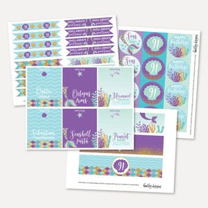 Plantilla de paquete de accesorios y decoración para fiesta infantil Under the Sea Mermaid: tarjetas para tiendas de campaña, etiquetas para botellas de agua, adornos para cupcakes y banderas de paja