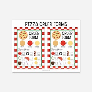 May include: Two printable pizza order forms with a red and white chequered background. Each form has a cartoon pizza with the words "Order Form" above it. The forms have check boxes for crust, sauce, cheese, and toppings like pepperoni, olives, bacon, peppers, tomato, pineapple, sausage, onion, and extra cheese.