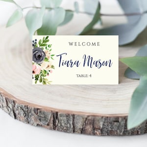 Navy Watercolor Floral Crest Wedding Place Card Flat and Tented, Hadley Designs, Place Cards Wedding Reception, Wedding Place Calligraphy