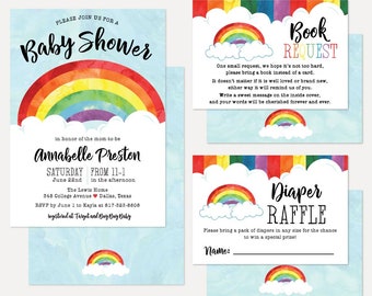 Rainbow Watercolor Baby Shower Invitation Suite, Shower Invitation Package, Invitation Bundle, Invitation Set, Invitation Kits