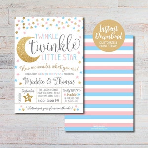 White Twinkle Twinkle Little Star Gender Reveal Invitation, Gender Reveal Ideas, Gender Reveal Invitation Instant Download, Invitation PDF