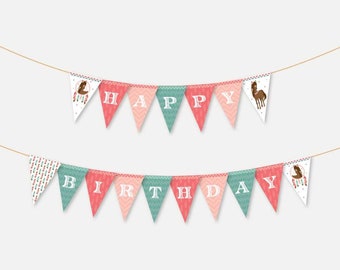May include: A pink, green, and white bunting with the words "Happy Birthday" printed on it. The bunting is decorated with a horse and dreamcatcher design.