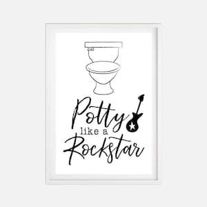 May include: Black and white printable wall art with a toilet and a guitar. The text reads "Potty like a Rockstar".