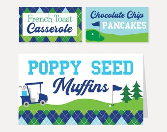 May include: Three printable food signs for a golf-themed party. The signs are blue, green, and white with a golf course and golf cart design. The signs read "French Toast Casserole", "Chocolate Chip Pancakes", and "Poppy Seed Muffins".