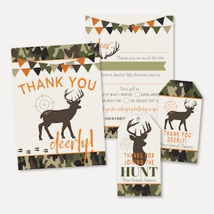 Camo Hunting Kids Party Dankeschön Paket Vorlage - Füllen Sie die leeren Dankeskarten aus, Danke Gefälligkeiten Tag, Gefälligkeiten Zeichen, Hadley Designs