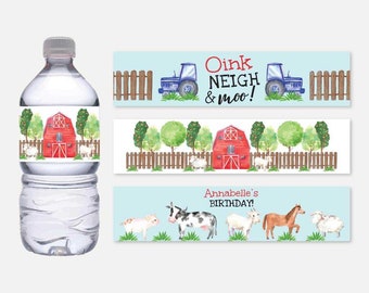 Watercolor Neutral FarmKids Party Bottle Label Template - Water Bottle Labels Birthday, Water Bottle Labels Boy, Water Bottle Labels Girl