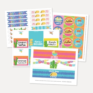 Gepersonaliseerde Taco Tuesday Party Accessoires Sjablonen, Digitale Jongen Meisje Gunsten, Gelukkige Verjaardag Sap Etiketten, Tandenstoker Vlaggen, Naamkaartjes DIY