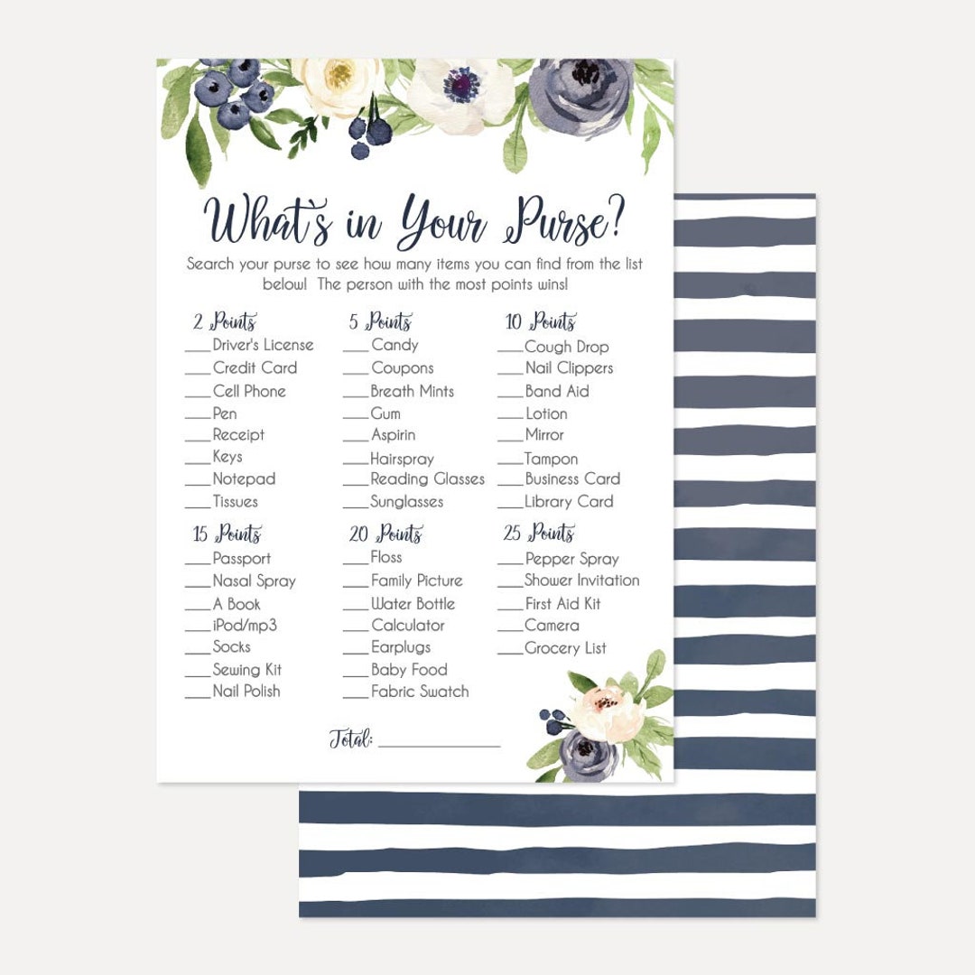 Navy Watercolor Floral Wreath What's in Your Purse Baby Shower Game ...