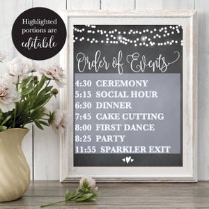 Chalk Order of Events Editable Wedding Sign, Printable Wedding Reception Schedule, Calligraphy Timeline Sign, DIY Instant Download Template image 2