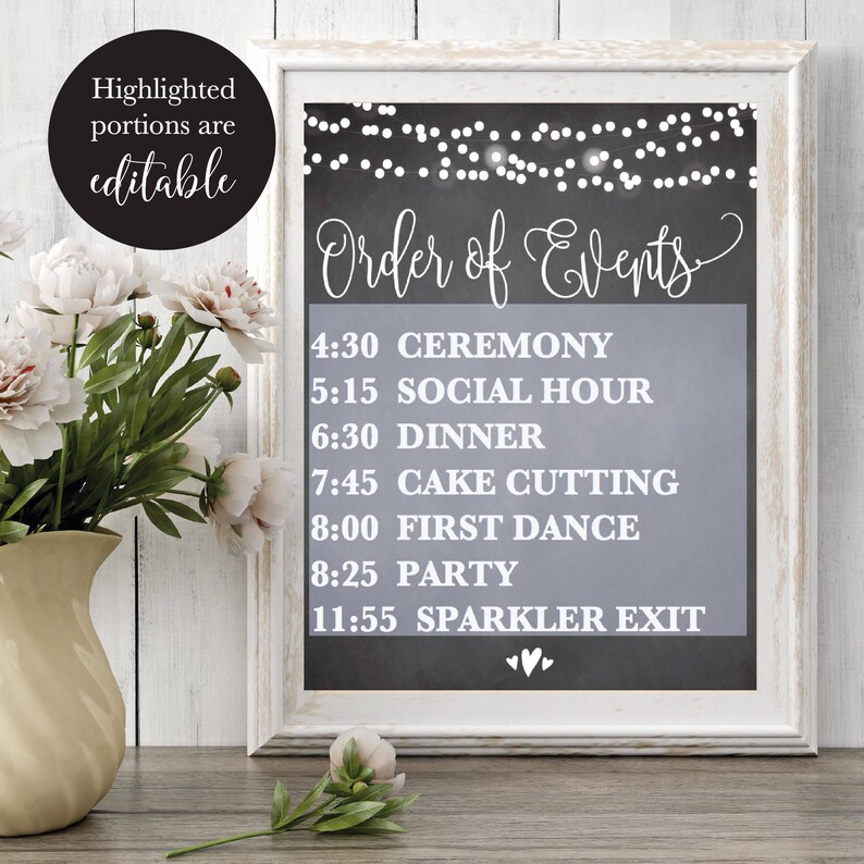 Chalk Order of Events Editable Wedding Sign, Printable Wedding Reception Schedule, Calligraphy Timeline Sign, DIY Instant Download Template image 2