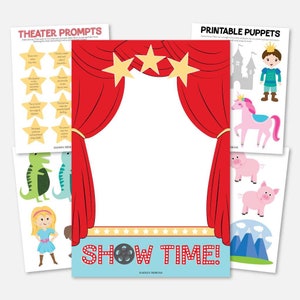 Teatro de marionetas imprimible para niños, actividad de bricolaje para niños pequeños, patrón de escenario de marionetas de espectáculo de puerta, plantilla de marioneta emergente de mano de fantasía