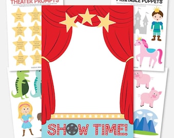 Puede incluir: Conjunto de marionetas imprimibles para un espectáculo de marionetas. El conjunto incluye un príncipe, un unicornio, un cerdo y una escena de montaña. Las marionetas están impresas en papel blanco con ilustraciones coloridas. El conjunto también incluye un telón de fondo de teatro imprimible con cortinas rojas y estrellas doradas.