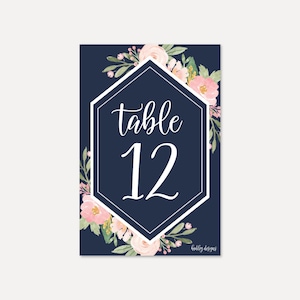 Modèle de numéros de table de mariage floral bleu marine et fard à joues - Numéros de table bricolage pour un mariage, Numéros de table imprimables modifiables, Téléchargements numériques