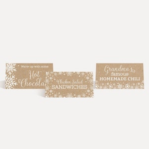 Modello di biglietti per tenda per cibo con piccolo fiocco di neve per baby shower - Download istantaneo della scheda per tenda per cibo, Buffet modificabile, Decorazione per feste stampabile, Hadley
