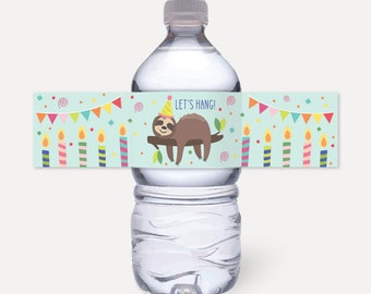 May include: Water bottle label with a sloth wearing a party hat and the text "Let's Hang!"  The label has a blue background with colorful candles, confetti, and flags.