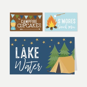 Familiekampeervoedseltentkaarten afdrukbaar, achtertuin campingbuffet labelsjabloon, bergpicknickplaatskaartbord, buitenzomerdecoratie