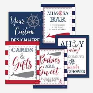 Ahoi, es ist ein Junge Nautische Baby-Dusche-Zeichen-Set-Vorlagen -Mimosa Bar, Willkommen, Babys sind süß, bitte nehmen Sie eine Leckerei, Karten und Geschenke, Benutzerdefiniert