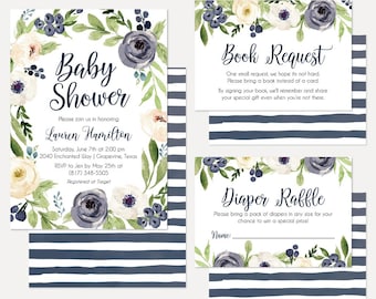 Navy Watercolor Floral Wreath Baby Shower Invitation Suite, Shower Invitation Package, Invitation Bundle, Invitation Set, Invitation Kits