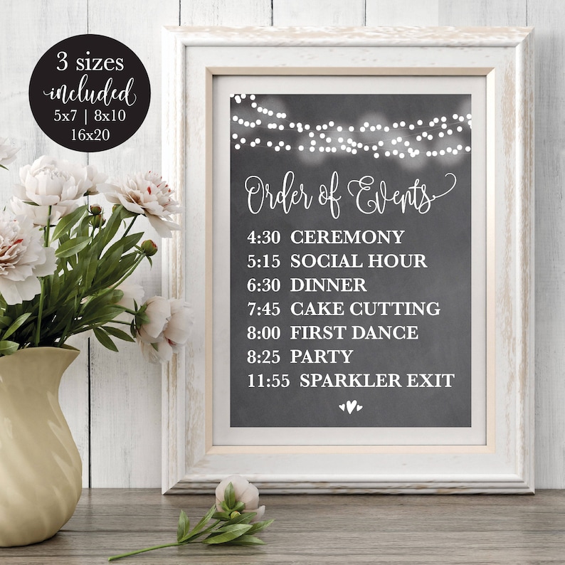 Chalk Order of Events Editable Wedding Sign, Printable Wedding Reception Schedule, Calligraphy Timeline Sign, DIY Instant Download Template image 1