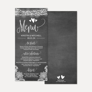 May include: A chalkboard style wedding menu with white text and hearts. The menu lists the names Kristin and Mitchell, the date 09.21.24, and the meal options: to start, entree selections, and dessert.