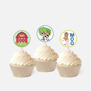 Cartoon Farm Kids Party Cupcake Topper Template - Name Cupcake Toppers, Printable Cupcake Topper Birthday, Custom Cupcake Toppers Editable