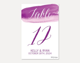 Purple Watercolor Wedding Table Numbers Template - DIY Table Numbers for a Wedding, Editable Printable Table Numbers, Digital Downloads