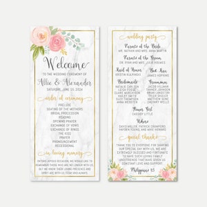 Puede incluir: Tarjeta de orden de ceremonia de boda con fondo de mármol y detalles florales. La tarjeta incluye los nombres Allie & Alexander, la fecha 15 de junio de 2024 y una lista de los eventos de la ceremonia. La tarjeta también incluye una sección para en memoria cariñosa.