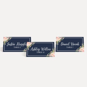 Plantilla de tarjetas de lugar de boda floral azul marino y rubor - Recepción de boda de tarjetas de lugar, caligrafía de tarjeta de lugar de boda, PDF imprimible