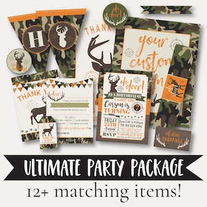 Camo Hunting Kids Party compleet pakket sjablonen - uitnodiging, borden, banner, strovlaggen, bedankkaart invullen, gunstlabel, decor