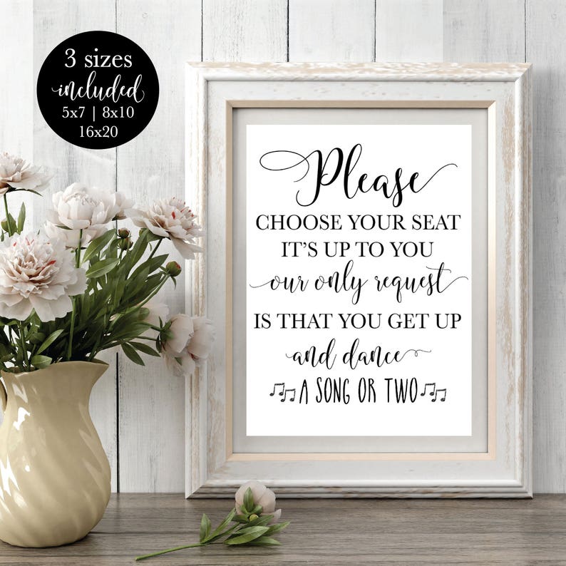 Choose Your Seat Wedding Sign, Find Your Seat No Seating Plan Sign, Rustic Get Up and Dance Printable Signage Decor, DIY Instant Download image 1