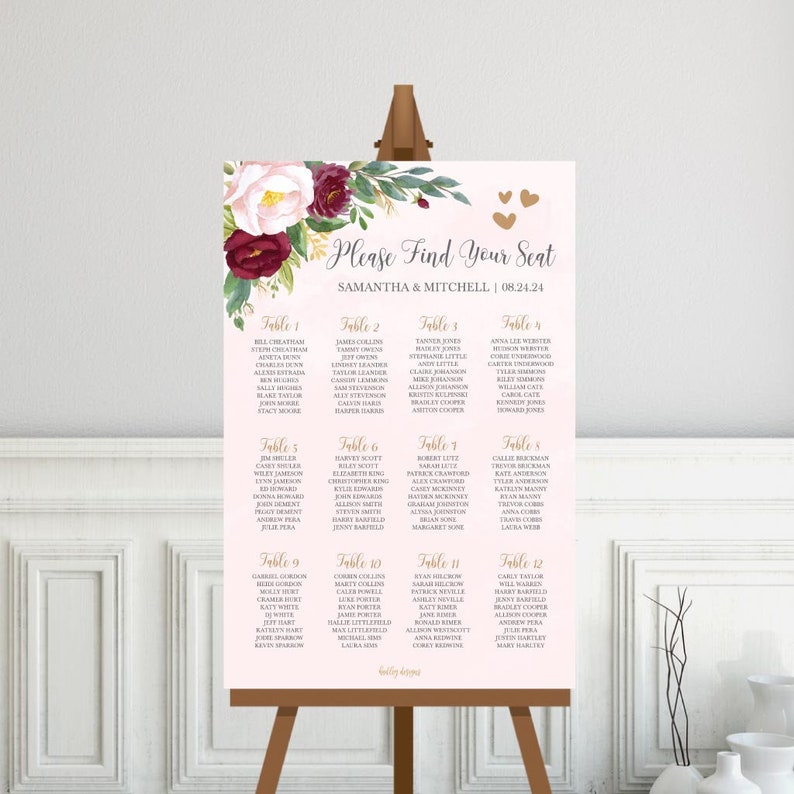 Template Seating Chart Wedding Seating Plan, Seating Plan Printable Blush Watercolor Burgundy Floral Wedding Seating Chart Sign Template