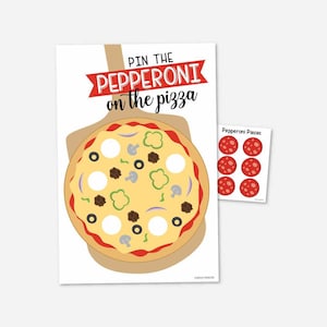 Modelo de jogo Pin The Pepperoni para festa de pizza - Pin The Tail Game, Fixar as coberturas na pizza, Pizza Party Pin The Pepperoni Game para impressão