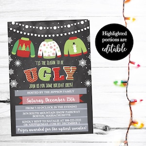 Christmas Party Invitation Template, Chalk Lights Ugly Sweater Party Printable Invite, Editable Text Instant Download DIY Holiday Invite PDF image 3