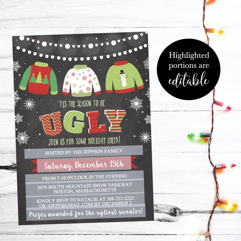 Christmas Party Invitation Template, Chalk Lights Ugly Sweater Party Printable Invite, Editable Text Instant Download DIY Holiday Invite PDF image 3