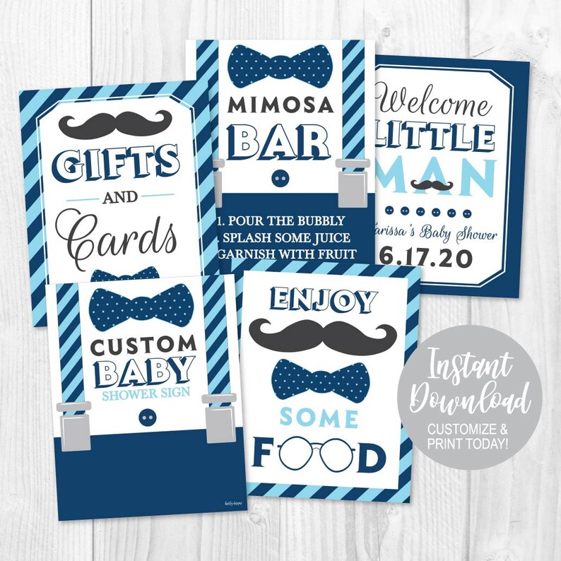 Sign Printable Baby Shower Sign Package Matching Baby Shower Signs Baby Shower Sign Little Man White Blue Baby Shower Sign Bundle