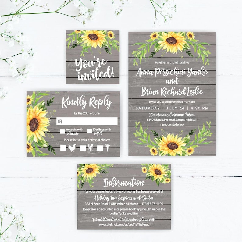 Gray Wood Sunflower Wedding Invitation Suite Online Wedding Etsy