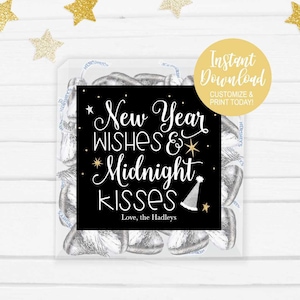 Midnight Kisses Tags, Personalized New Years Eve Favor, Printable New Year Cards, 2020 Party Favors, Holiday Thank You Tags, Thank You Tags