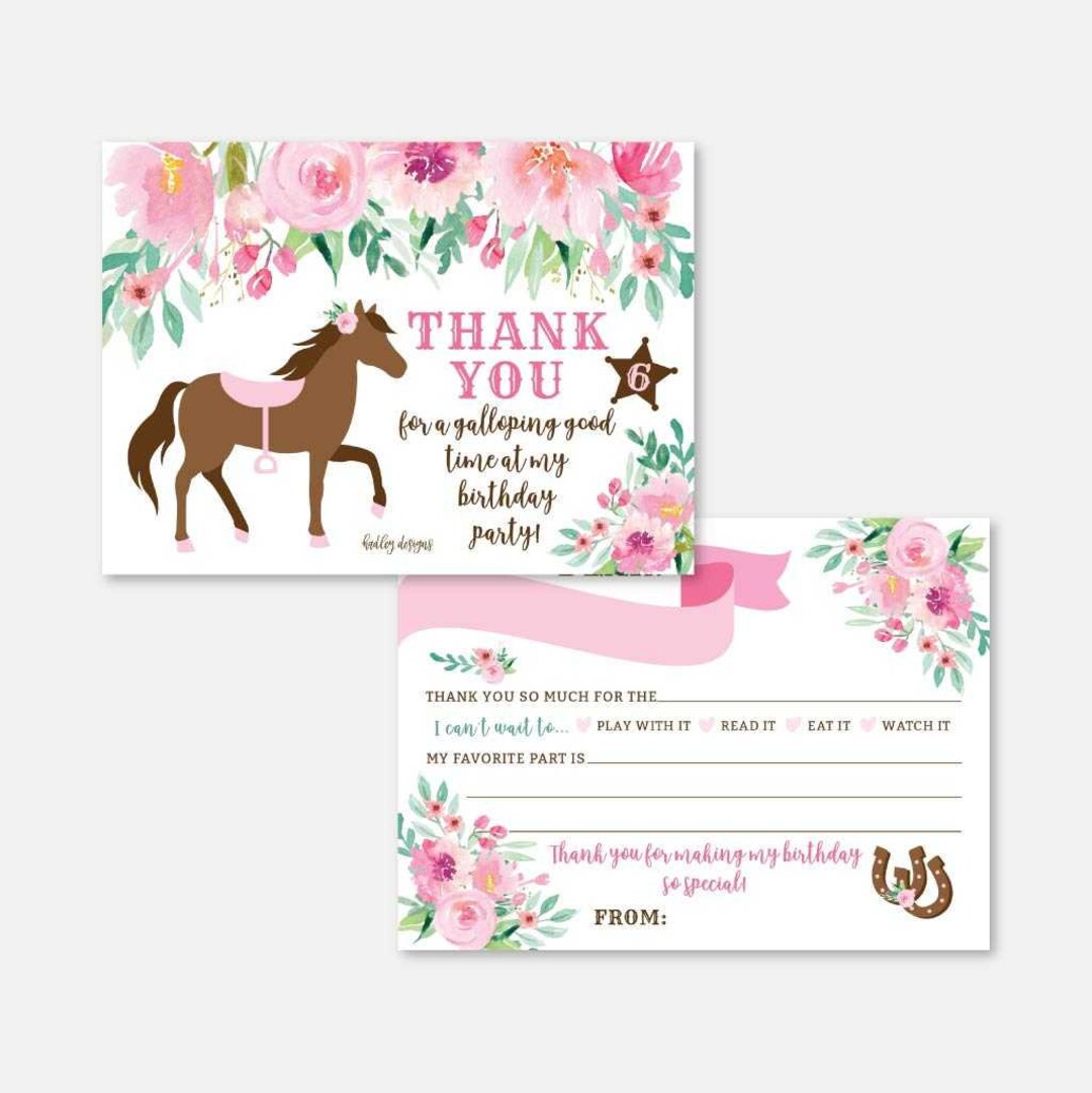 Horse Kids Party Fill in the Blank Thank You Card Template - Horse ...