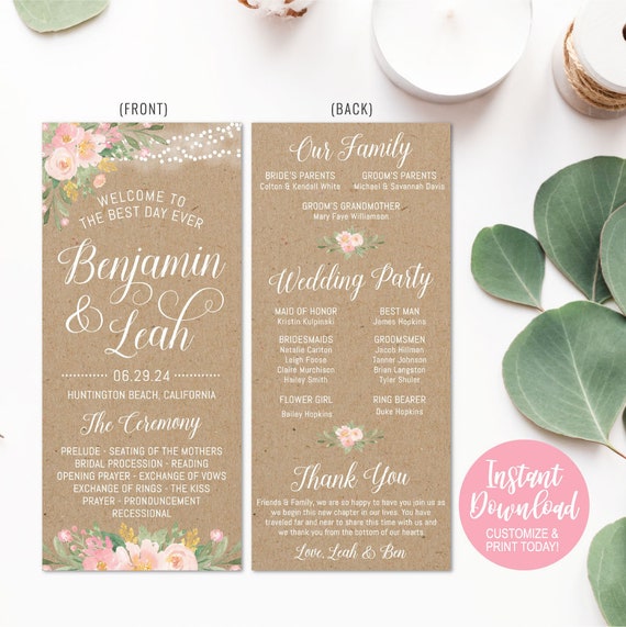 Wedding Program Template Download Wedding Program Thank You Etsy
