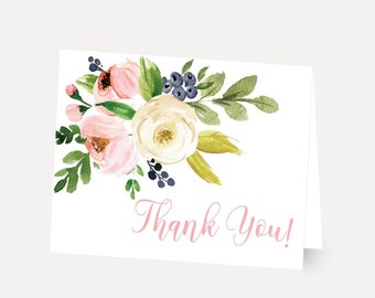 Pink Cream Blue Floral Thank You Card Printable, Thank You Cards Baby Shower, Thank You Note Baby Shower, Thank You Cards Bulk