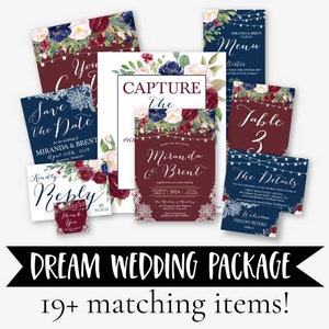 Burgundy Floral & Lace Wedding Complete Package Templates - Printable Wedding Packages, Wedding Printable Packages, Editable Wedding Bundle