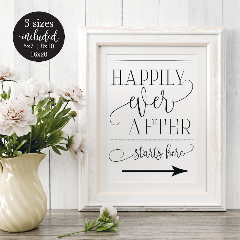 Happily Ever After Starts Here Wedding Sign, Welcome Directional Reception Sign, Rustic Right Arrow Printable Sign, DIY Instant Download image 1